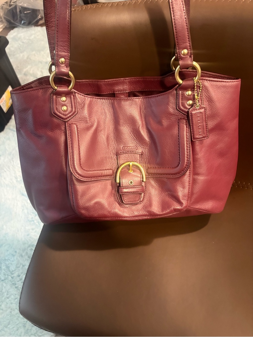 Coach campbelle carryall Burgundy Leather Tote with Gold-Tone Buckle
